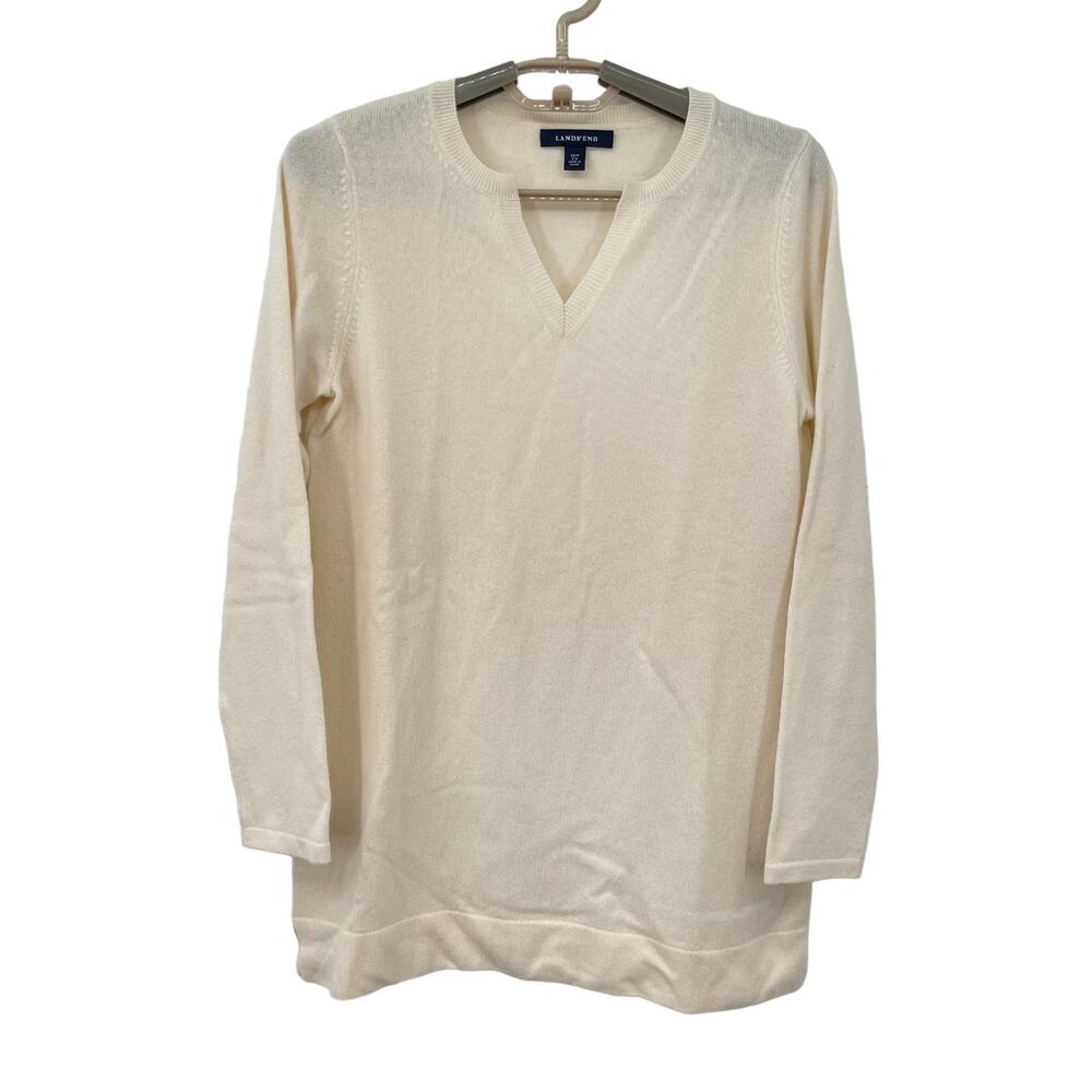 Lands End 100% Cashmere Sweater Tunic Notched Neck Ivory Size 2/4 XS/S